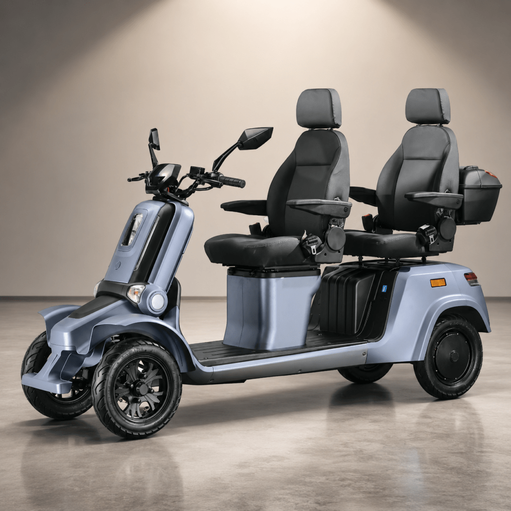 Blauwe duo scootmobiel met twee zitplaatsen