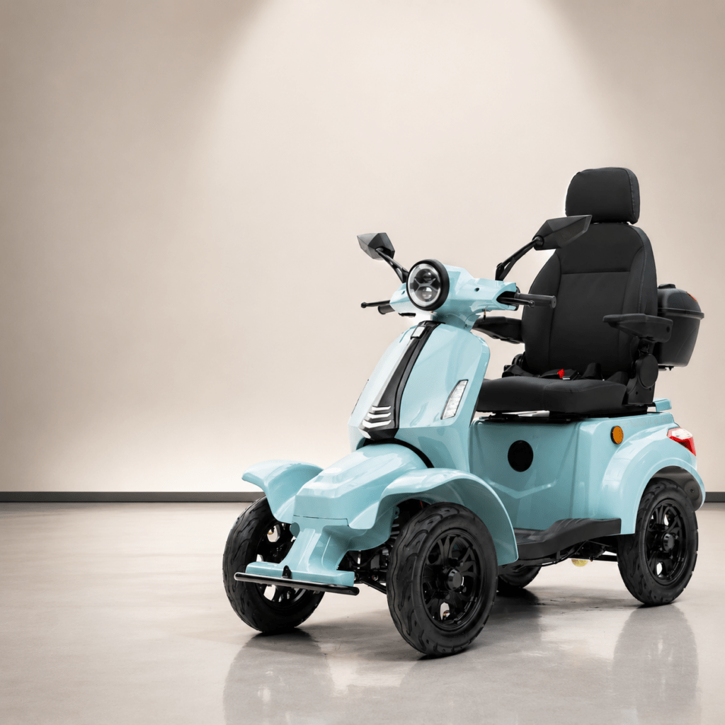 Mintgroene 4-wiel scootmobiel in showroom