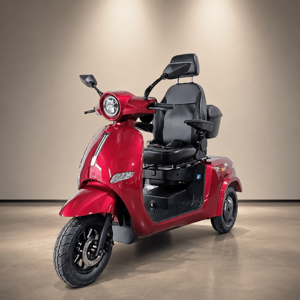 Rode 3-wiel scootmobiel in showroom